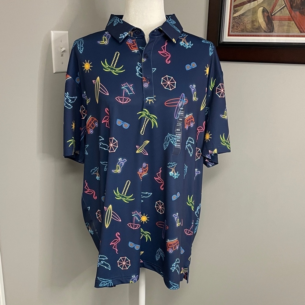 Birdiebound Mens Neon Tropical Surfer polo NWT XL Golf Athleisure Tennis Preppy